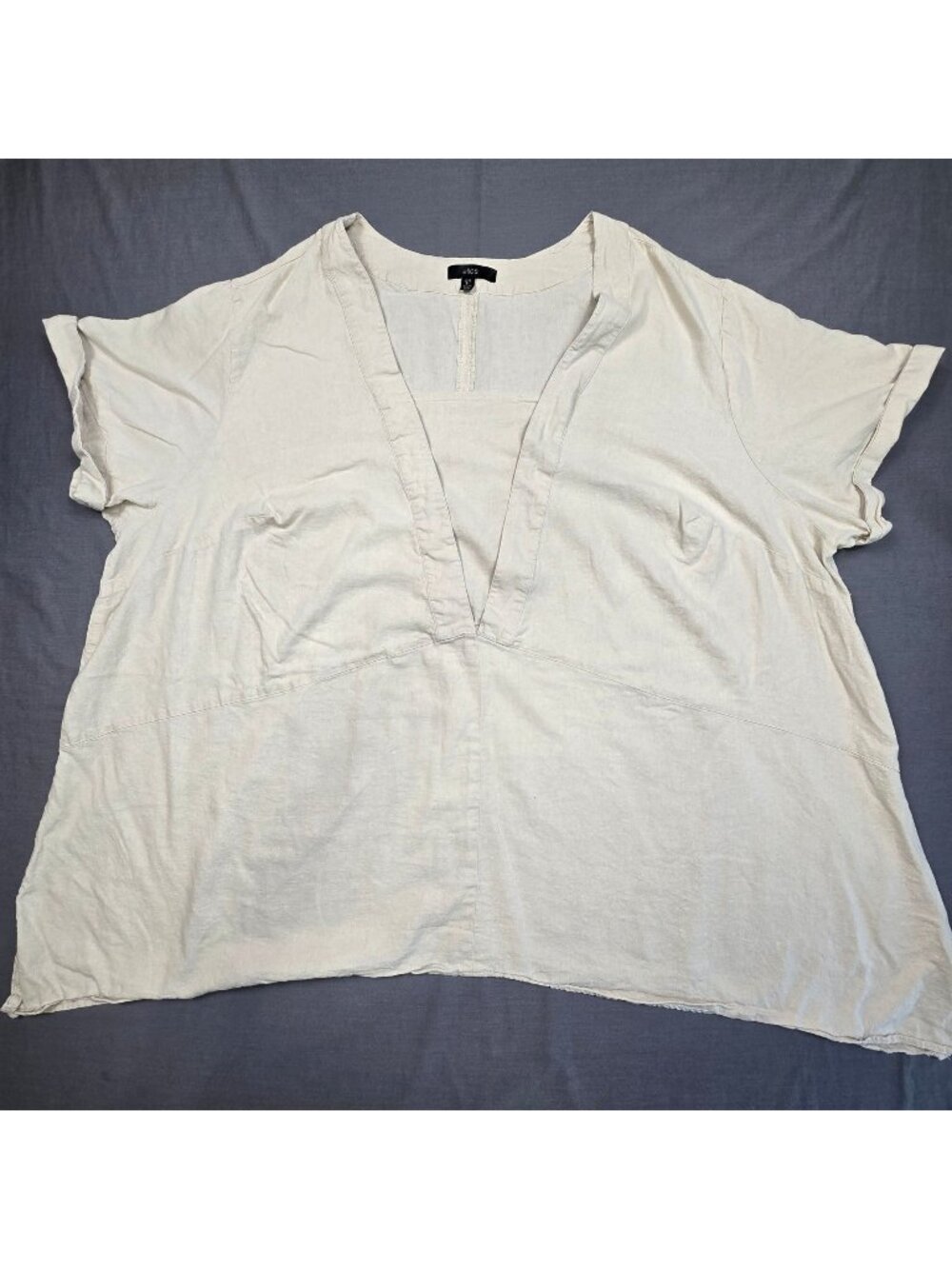 Ellos Womens 6X Blouse Beige Linen Blend Mock V-Neck Short Sleeve